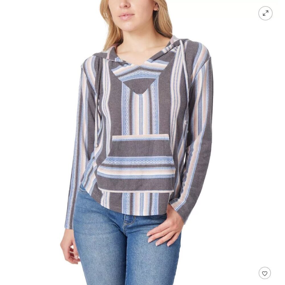WallFlower Women's Size XL Classic Baja Stripe V-Neck Hoodie Grey Pink Blue